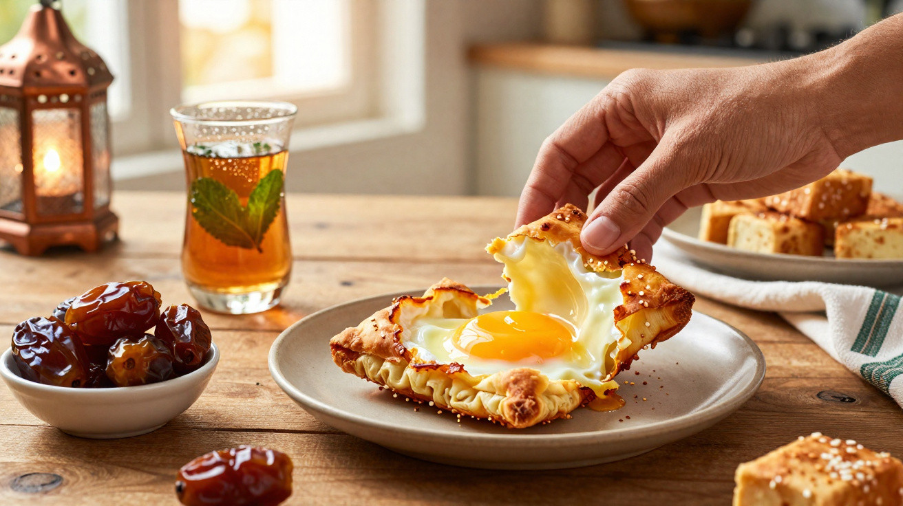 Mão a pegar pastelaria folhada com ovo estrelado, taça de chá e tâmaras numa mesa de madeira.