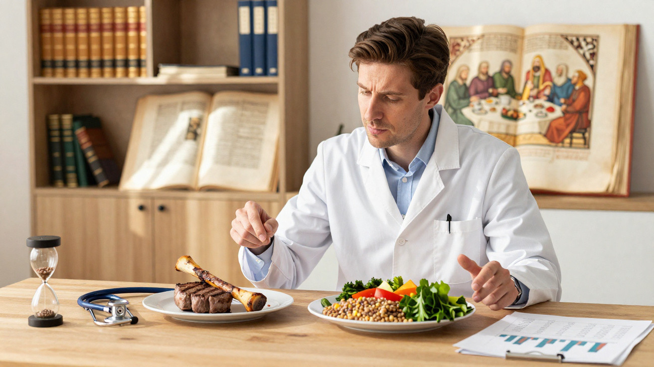 Homem de bata branca sentado à mesa com pratos de carne e legumes, a analisar a comida.