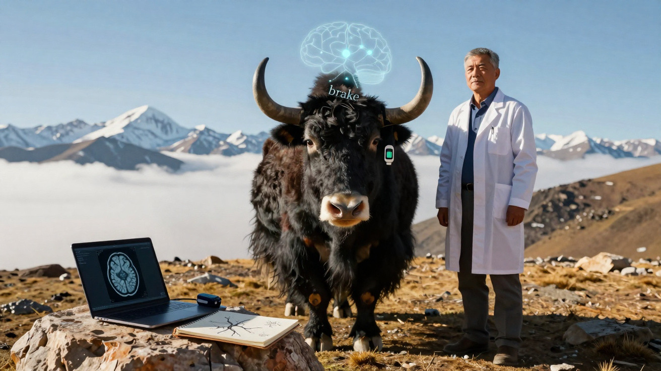 Touro equipado com sensores ao lado de cientista de bata branca em paisagem montanhosa com laptop e anotações.