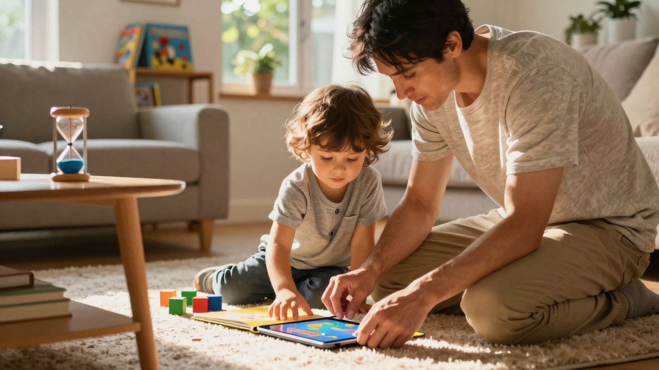 Pai e filho sentados no chão a brincar juntos com um tablet num ambiente acolhedor.