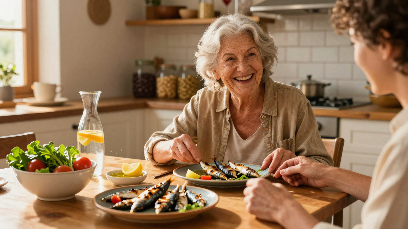 Duas mulheres a sorrir enquanto comem sardinhas grelhadas numa cozinha iluminada.