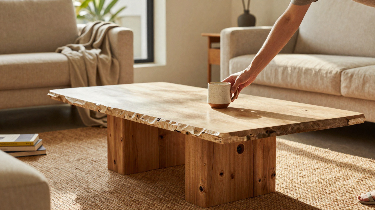 Mesa de madeira rústica na sala com sofá castanho claro e mão a pousar caneca na mesa.