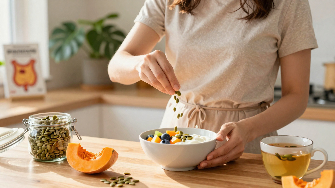 Pessoa a polvilhar sementes numa taça com iogurte, fruta e chá numa mesa de cozinha.