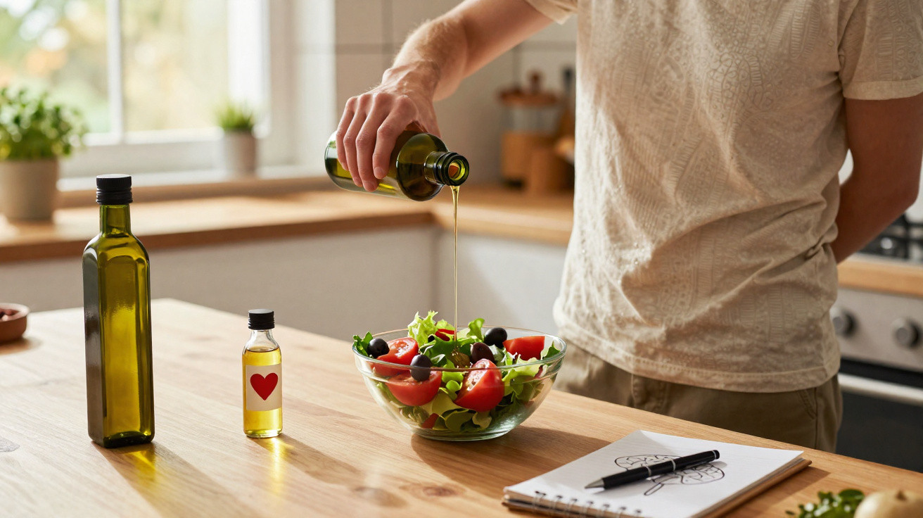 Pessoa a deitar azeite numa salada de tomate, alface e azeitonas numa cozinha luminosa.