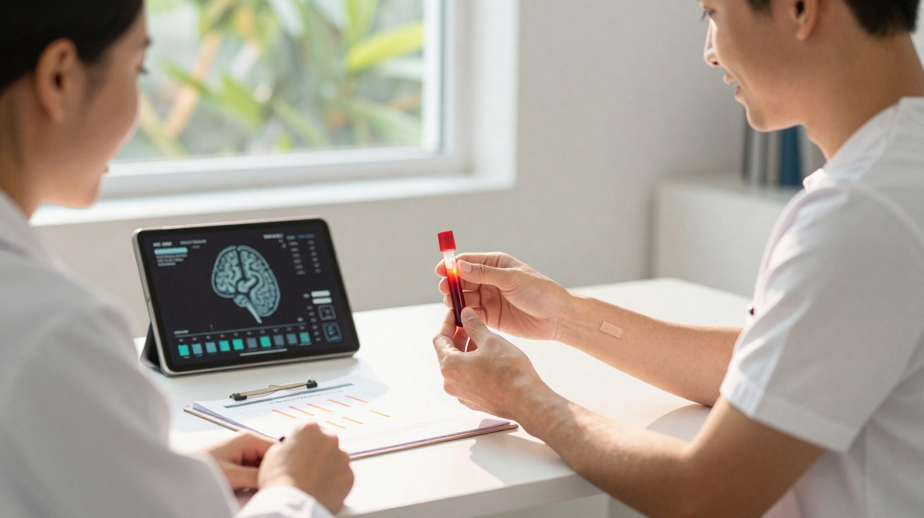 Médicos analisam amostra de sangue com dados cerebrais exibidos em tablet numa consulta clínica.