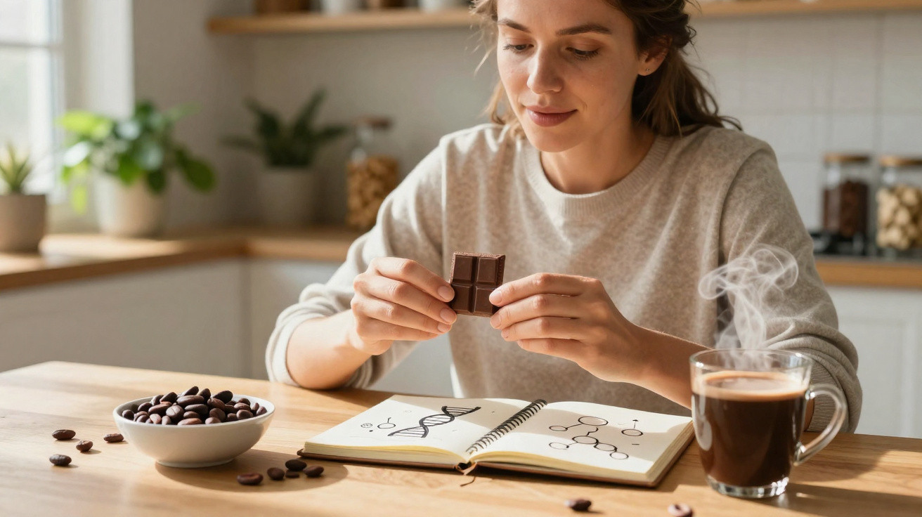 Mulher sentada a morder chocolate, com caderno de químicas e chá quente fumegante numa cozinha iluminada.