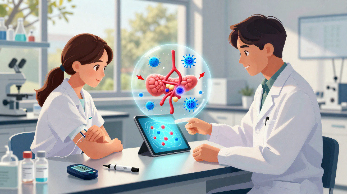 Dois cientistas em laboratório discutem imagem digital de glândulas e vírus numa tablet.