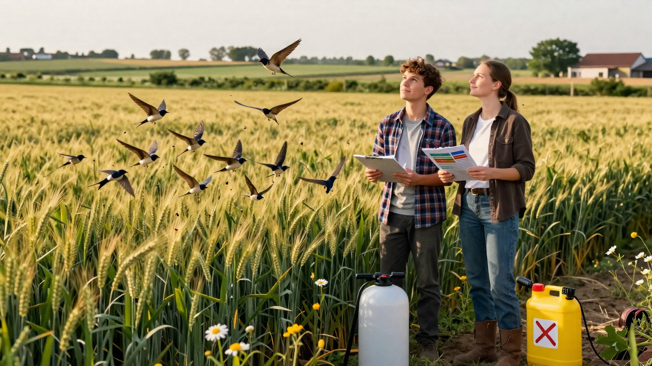 Dois jovens agricultores observam aves numa plantação de trigo com equipamento de agricultura à volta.