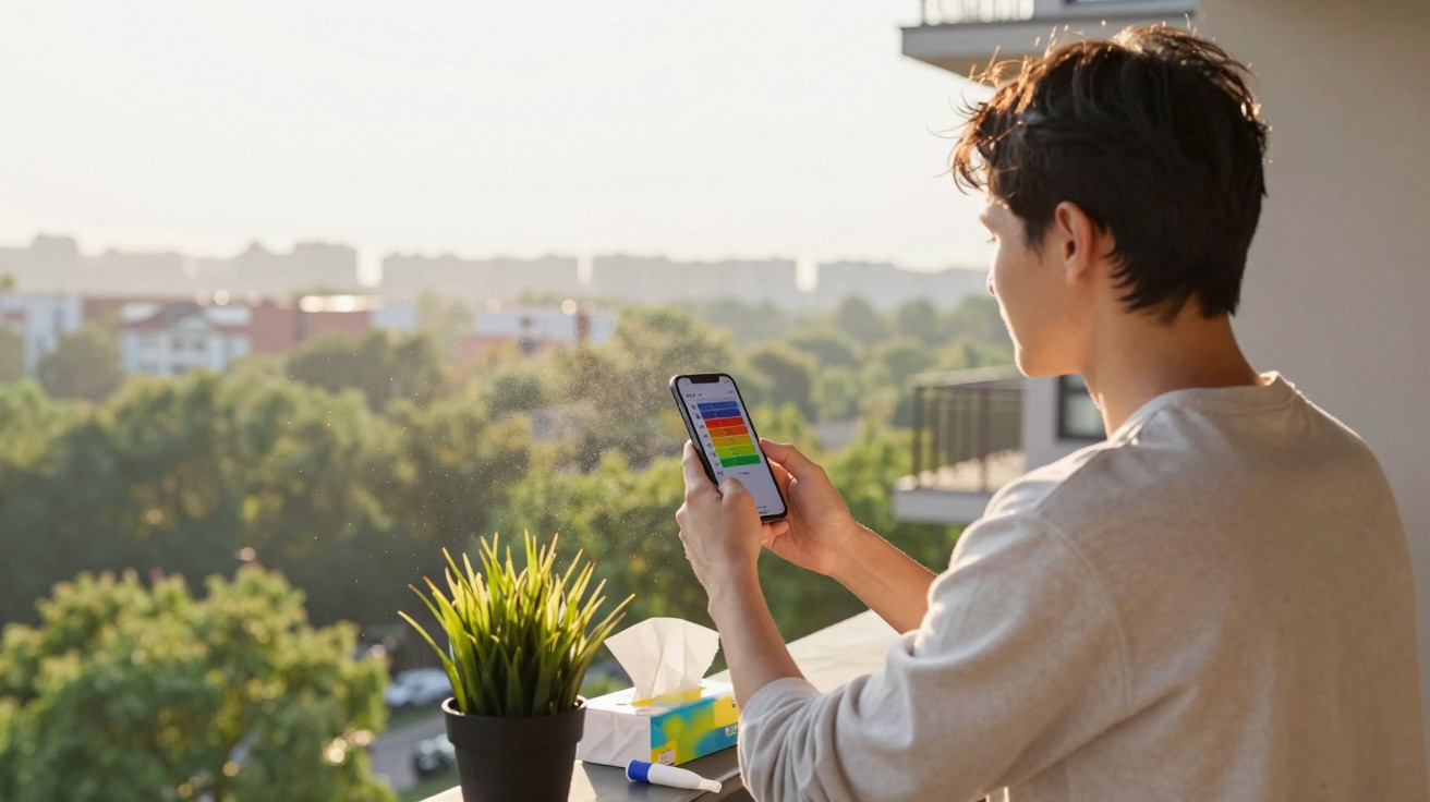 Jovem num terraço a consultar aplicação no telemóvel, com planta e lenços sobre a mesa.