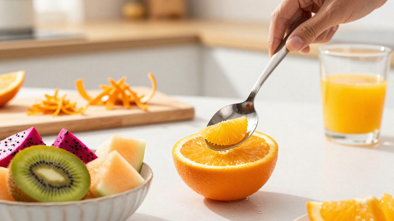 Pessoa a retirar gomo de laranja com colher, fruta cortada e bowl de fruta variada numa cozinha.