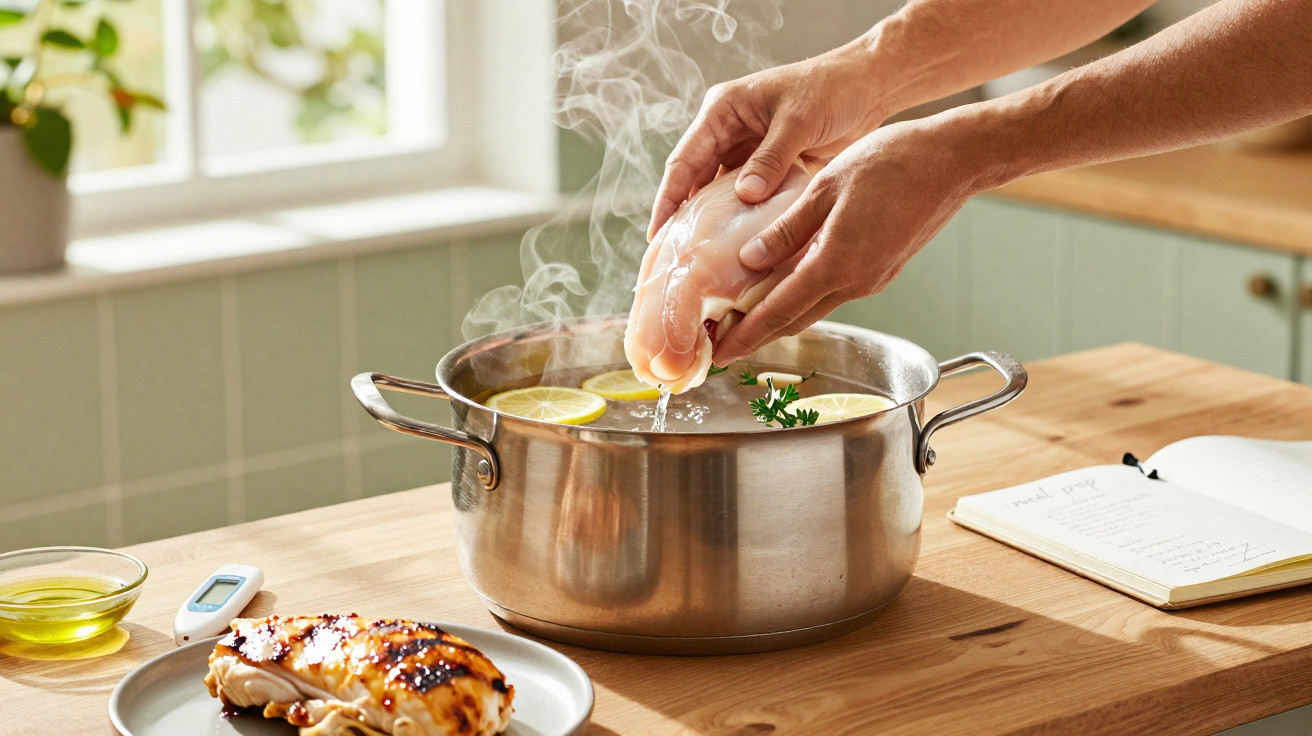 Mãos a colocar pedaços de frango numa panela com água, limão e ervas, num ambiente de cozinha iluminado.