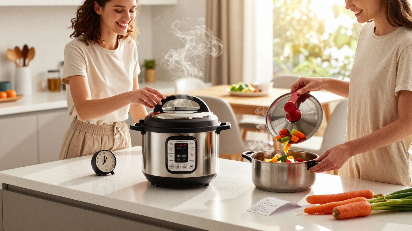 Duas mulheres cozinham com panela elétrica e legumes numa cozinha moderna e iluminada.