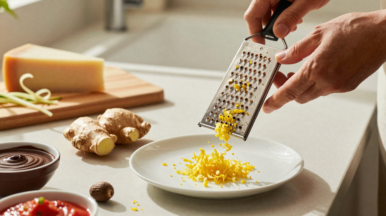 Pessoa a ralar casca de limão numa tábua com gengibre, queijo e molhos numa bancada de cozinha.