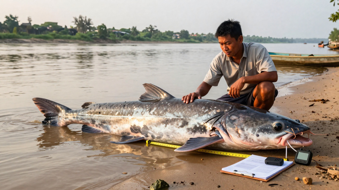 Homem junto a peixe gigante no rio, com régua e equipamentos de medição na areia.