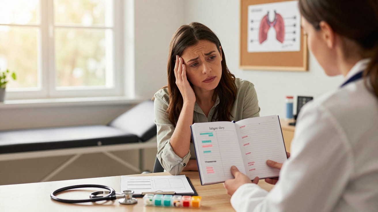 Mulher com expressão preocupada conversa com médica em consultório, que mostra um diário do paciente.