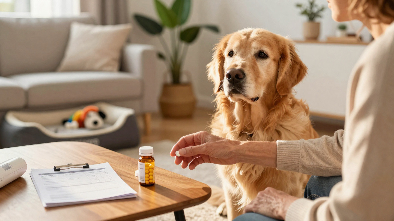 Cão Golden Retriever sentado ao lado de pessoa estendida a mão perto de frasco de medicamentos numa sala.