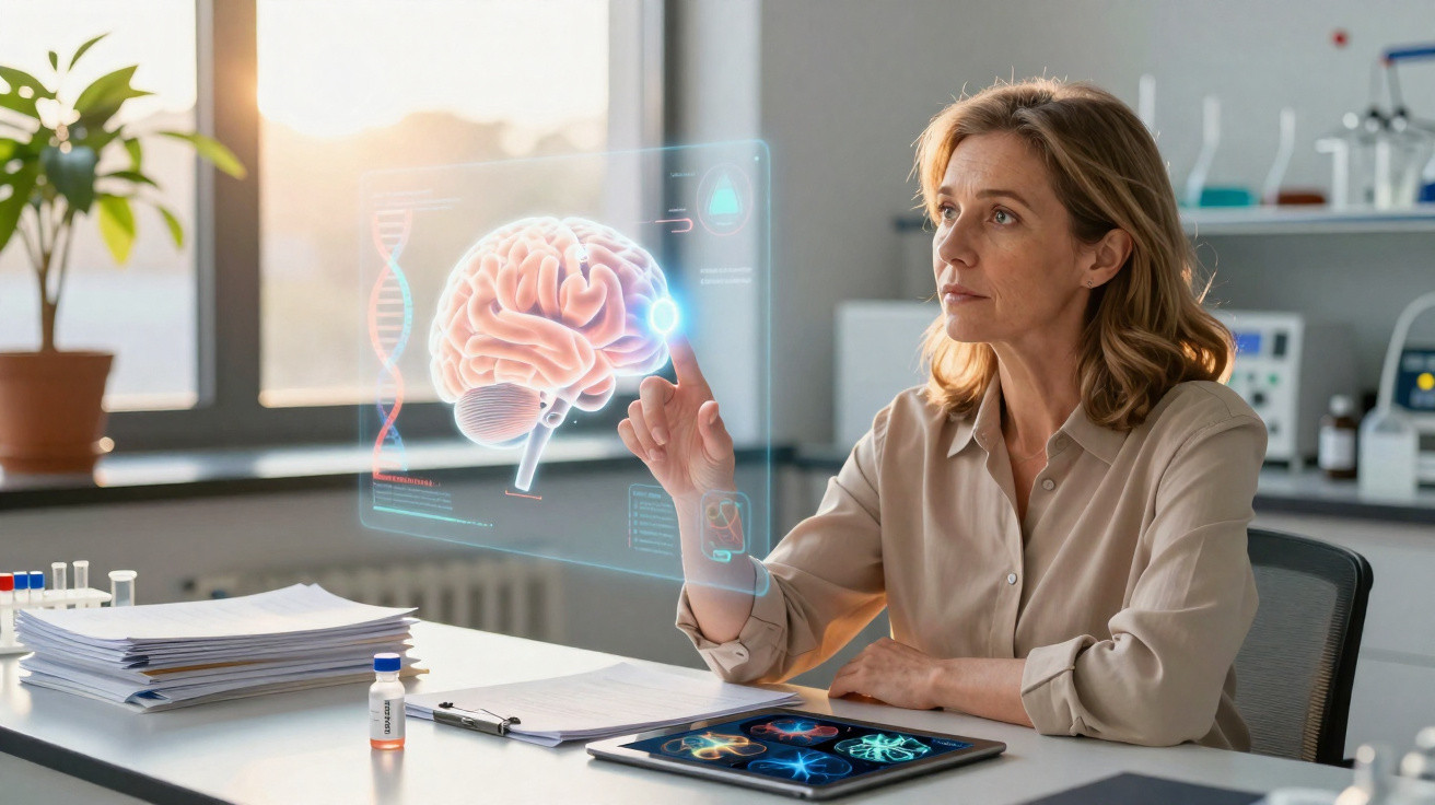 Mulher científica interage com modelo holográfico do cérebro num laboratório moderno.