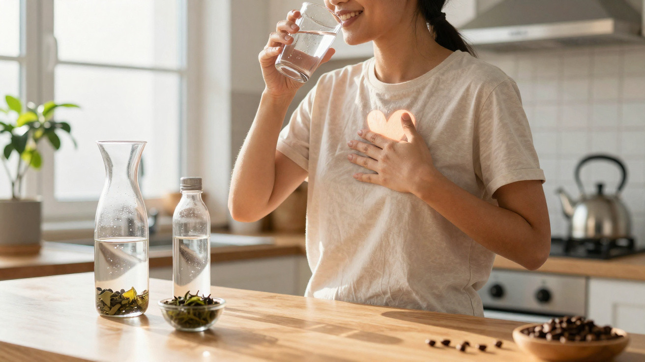 Mulher feliz a beber um copo de água na cozinha, com jarra e garrafa contendo infusão de ervas.