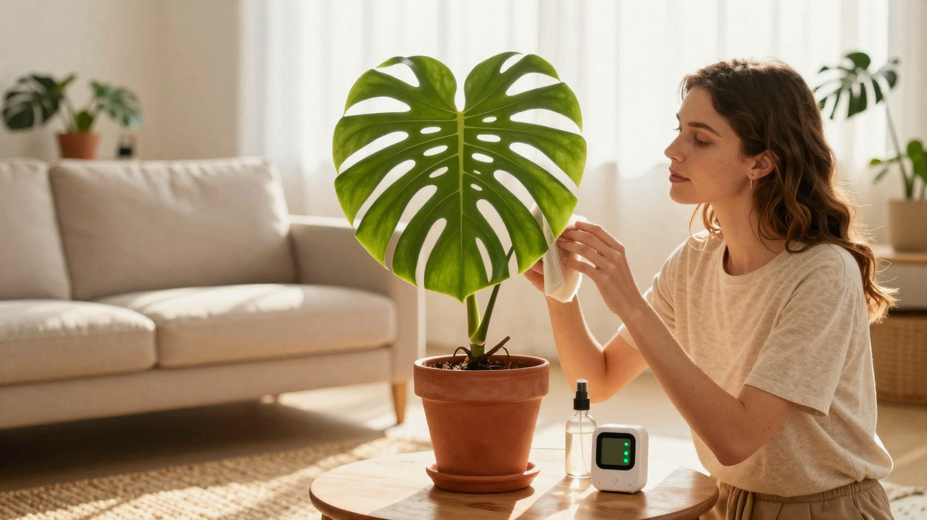 Mulher limpa folha de planta Monstera em vaso, junto a spray e dispositivo numa sala iluminada.