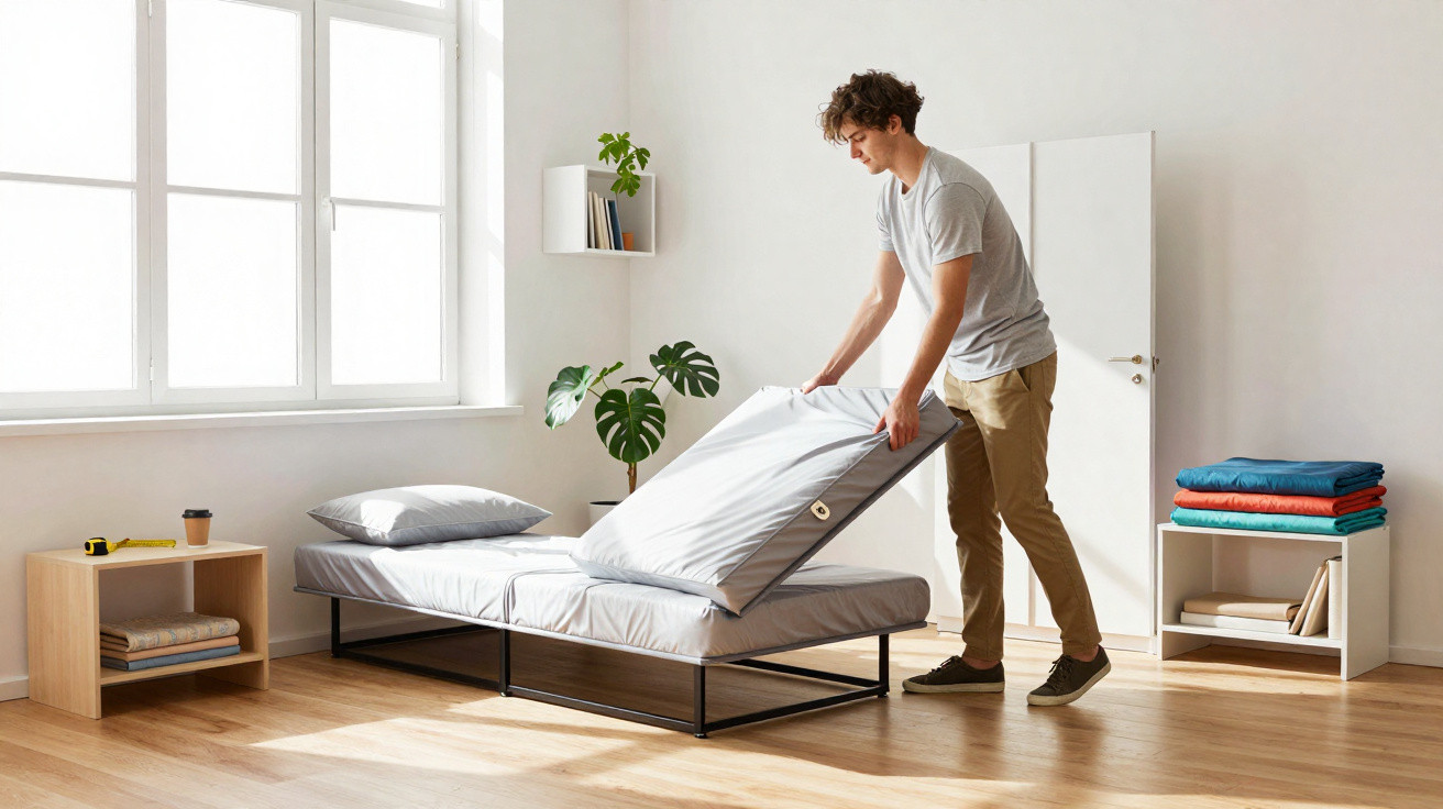 Homem arruma a cama num quarto luminoso com móveis minimalistas e plantas.