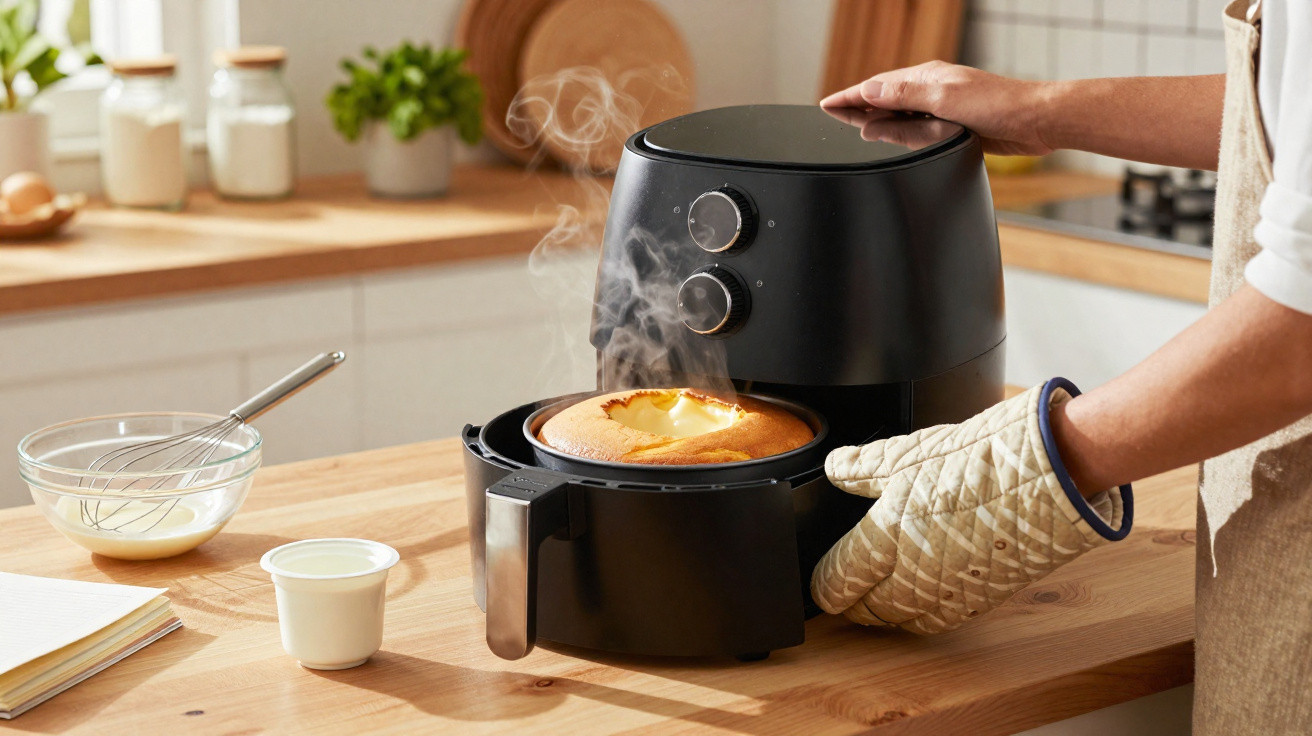 Pessoa a retirar bolo acabado de fazer numa fritadeira elétrica sem óleo, numa cozinha moderna e iluminada.