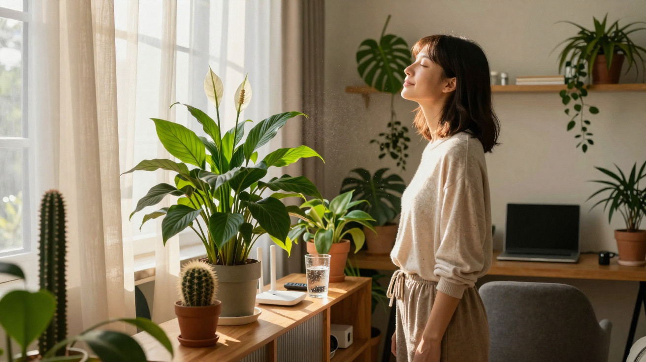 Mulher em roupa confortável a respirar fundo junto a plantas num ambiente luminoso e acolhedor em casa.