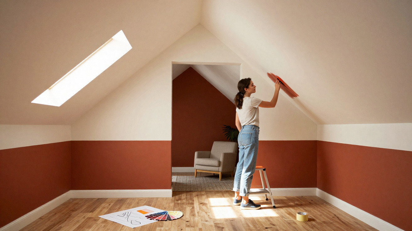 Mulher a pintar a parede inclinada de uma divisão com tecto branco e parede castanha.