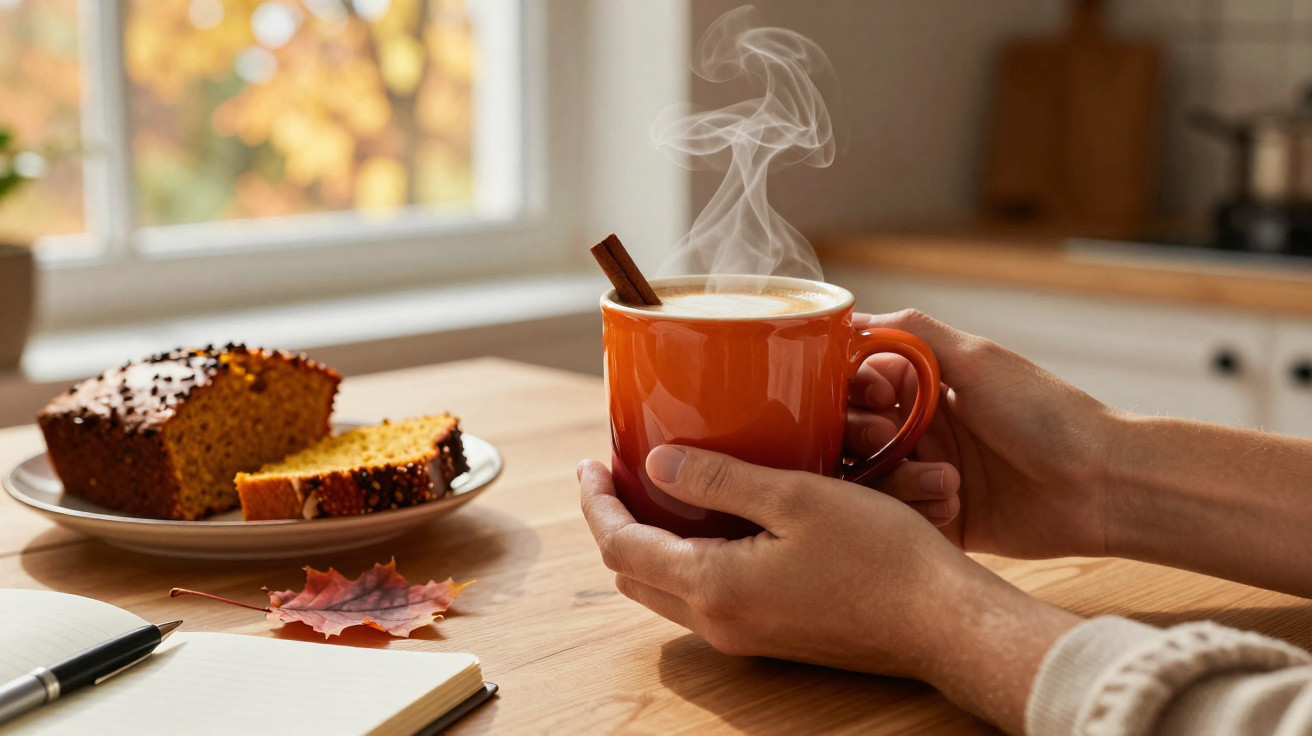 Mãos seguram caneca quente com pau de canela, com bolo e caderno numa mesa de madeira.