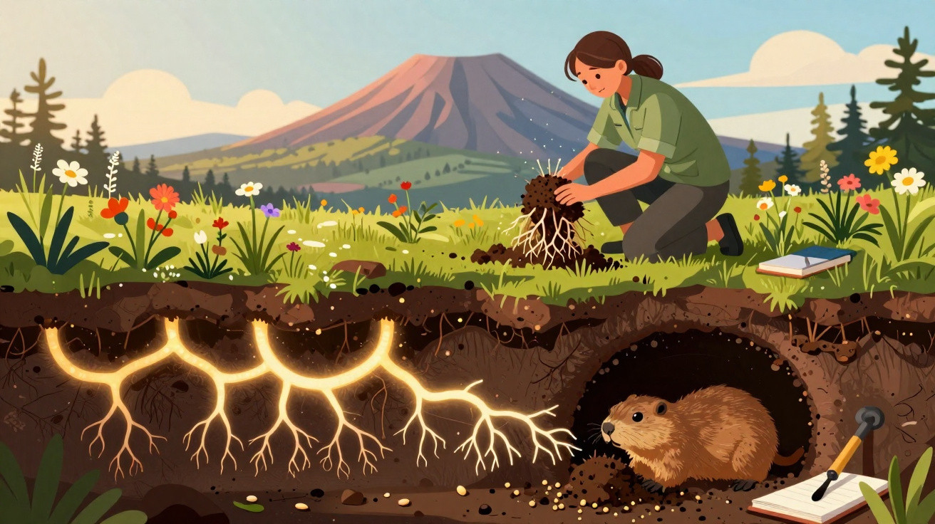Mulher a estudar planta enquanto um roedor está na sua toca subterrânea numa paisagem natural com montanha.
