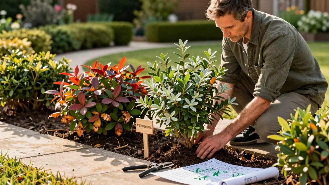 Homem a plantar uma planta numa cama de jardim com plantas coloridas e ferramentas ao lado.