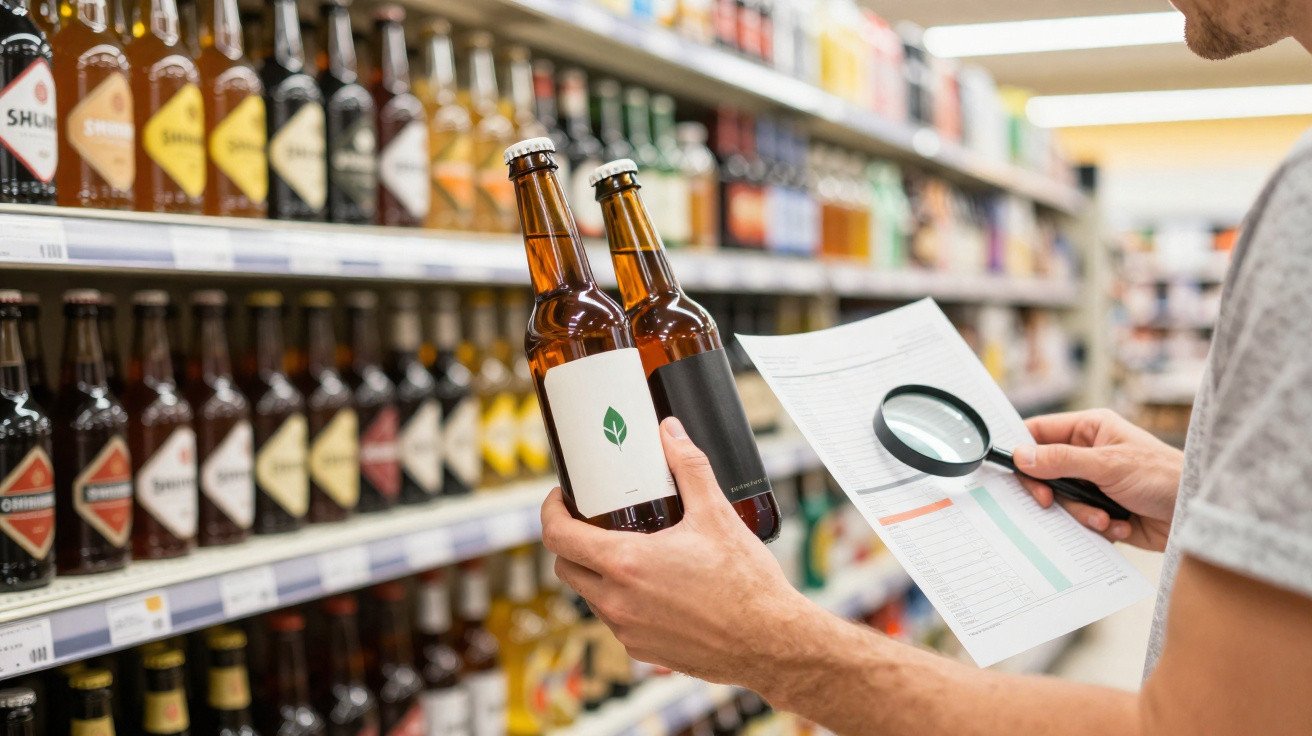 Pessoa segurando duas cervejas e a lupa, analisando produtos nas prateleiras de supermercado.