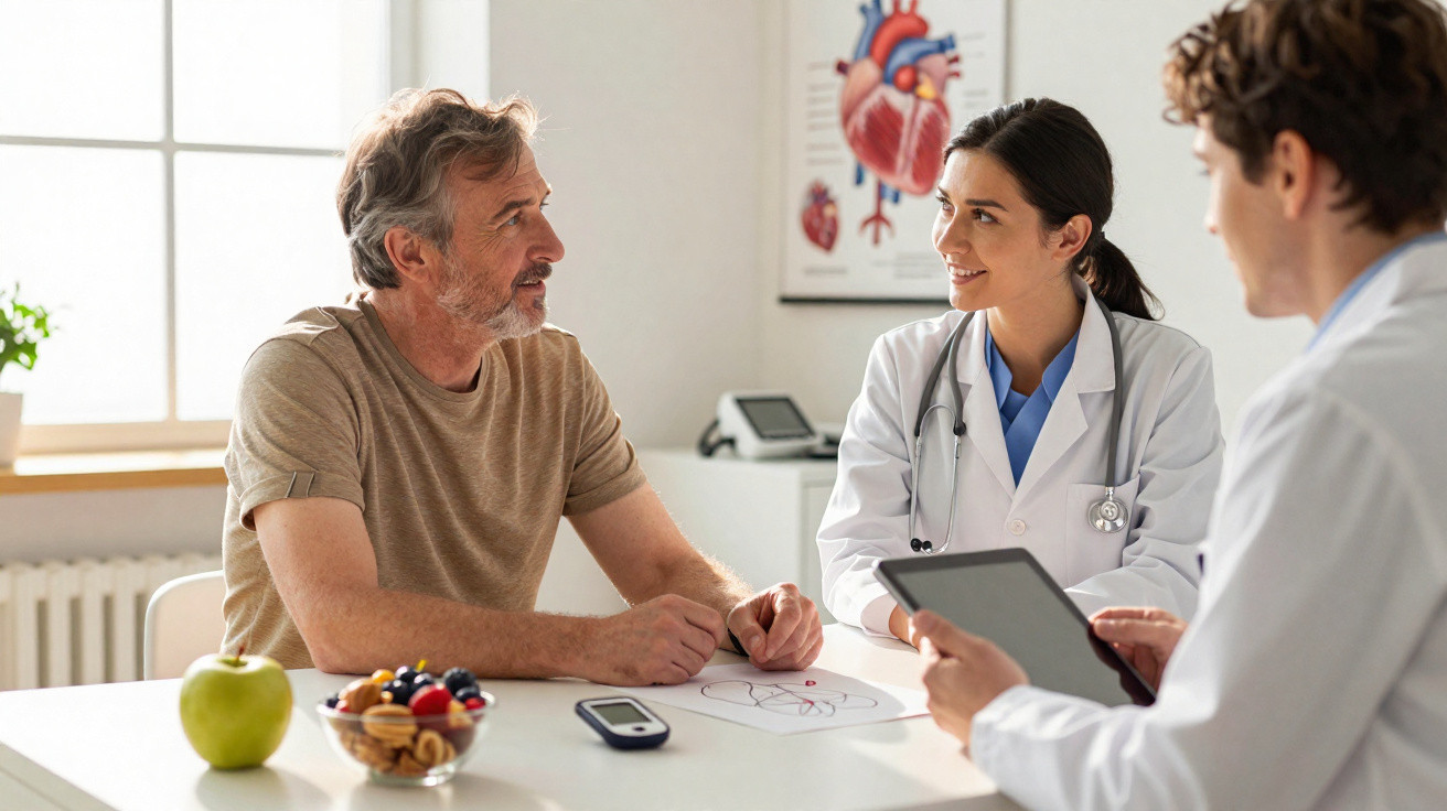 Paciente sénior a conversar com médicos numa consulta sobre saúde cardíaca.