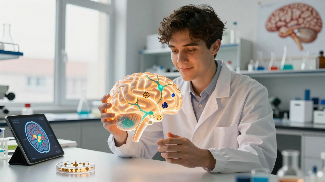 Jovem cientista em laboratório analisando modelo iluminado do cérebro humano sobre mesa branca.