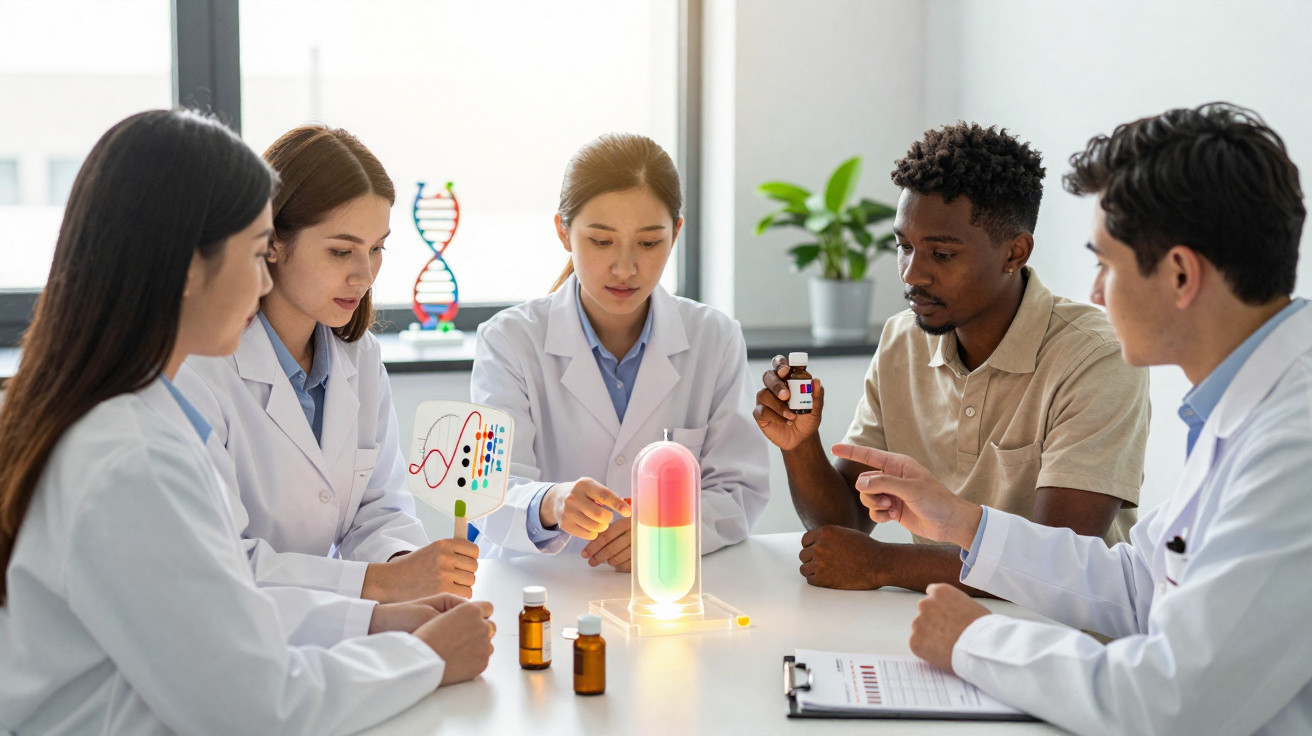 Grupo de cientistas em laboratório a discutir medicação com modelo de cápsula colorida sobre mesa.