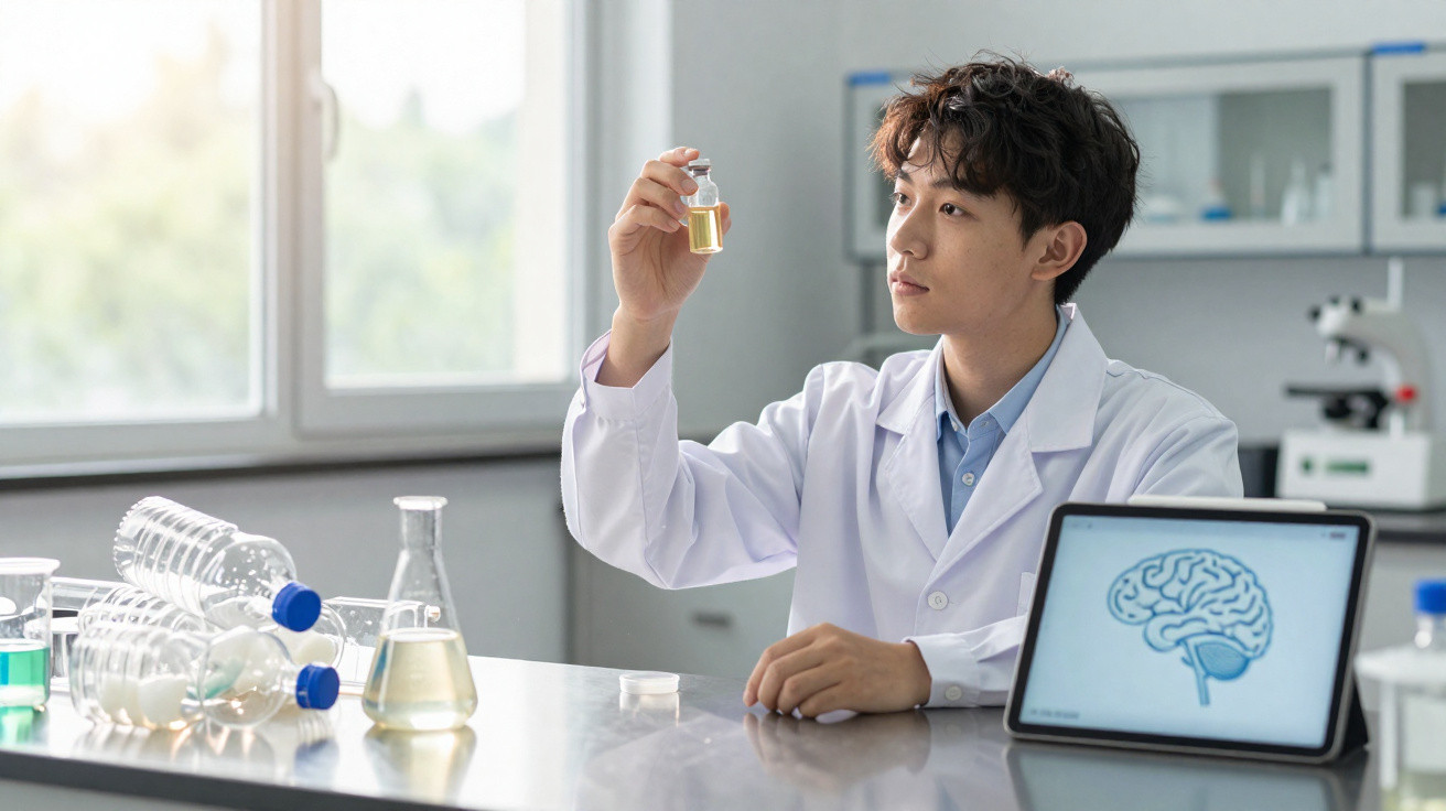 Cientista jovem a examinar frasco com líquido num laboratório moderno junto a tablet com imagem de cérebro.