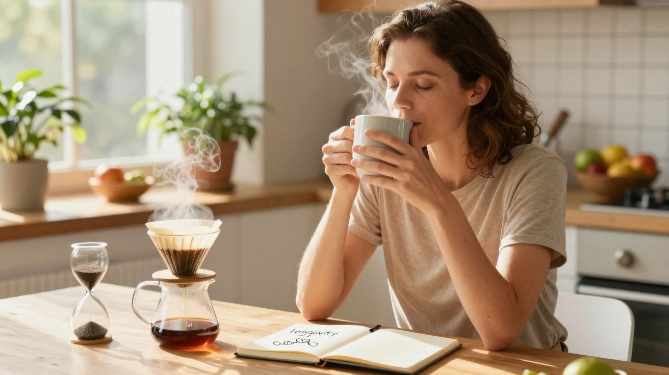 Mulher a cheirar café quente numa cozinha luminosa com caderno aberto e ampulheta na mesa.