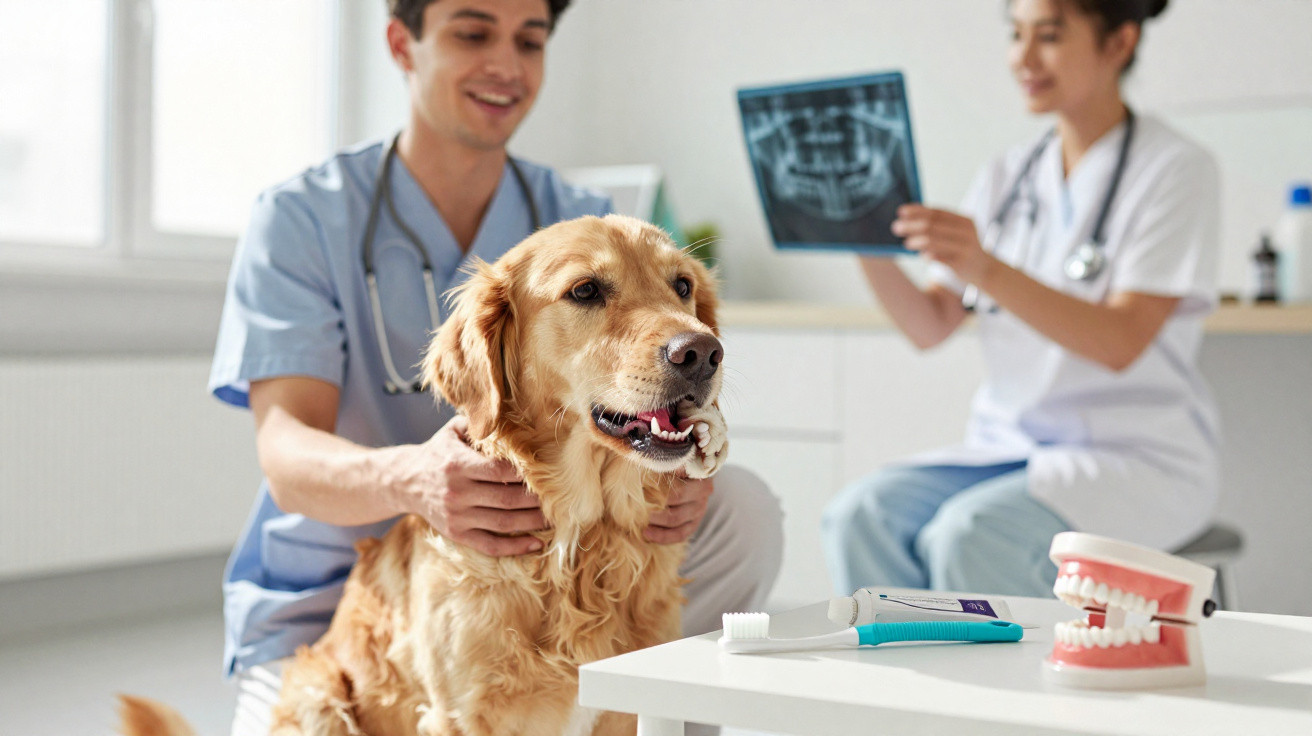 Veterinários a examinar um cão dourado num consultório com modelo e escovas dentárias à frente.
