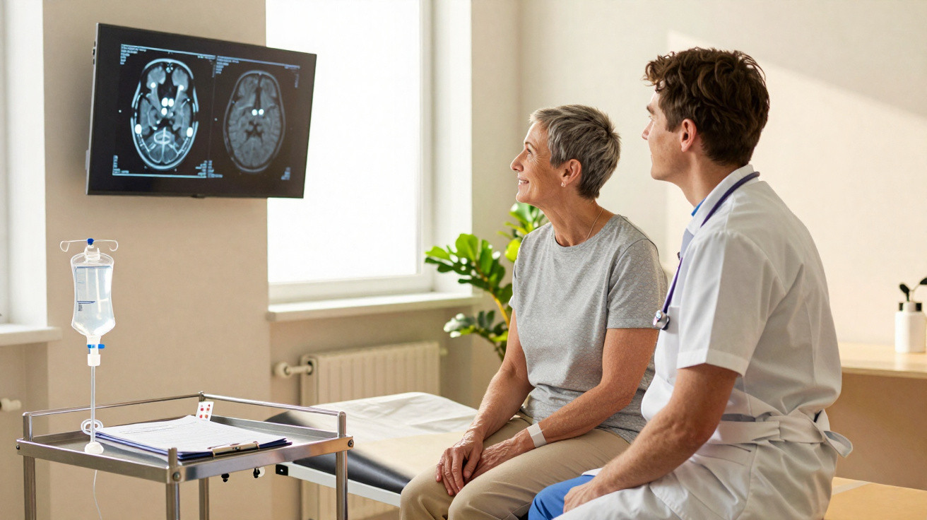 Paciente idosa e médico a analisar imagens de exames cerebrais num ecrã numa consulta clínica.