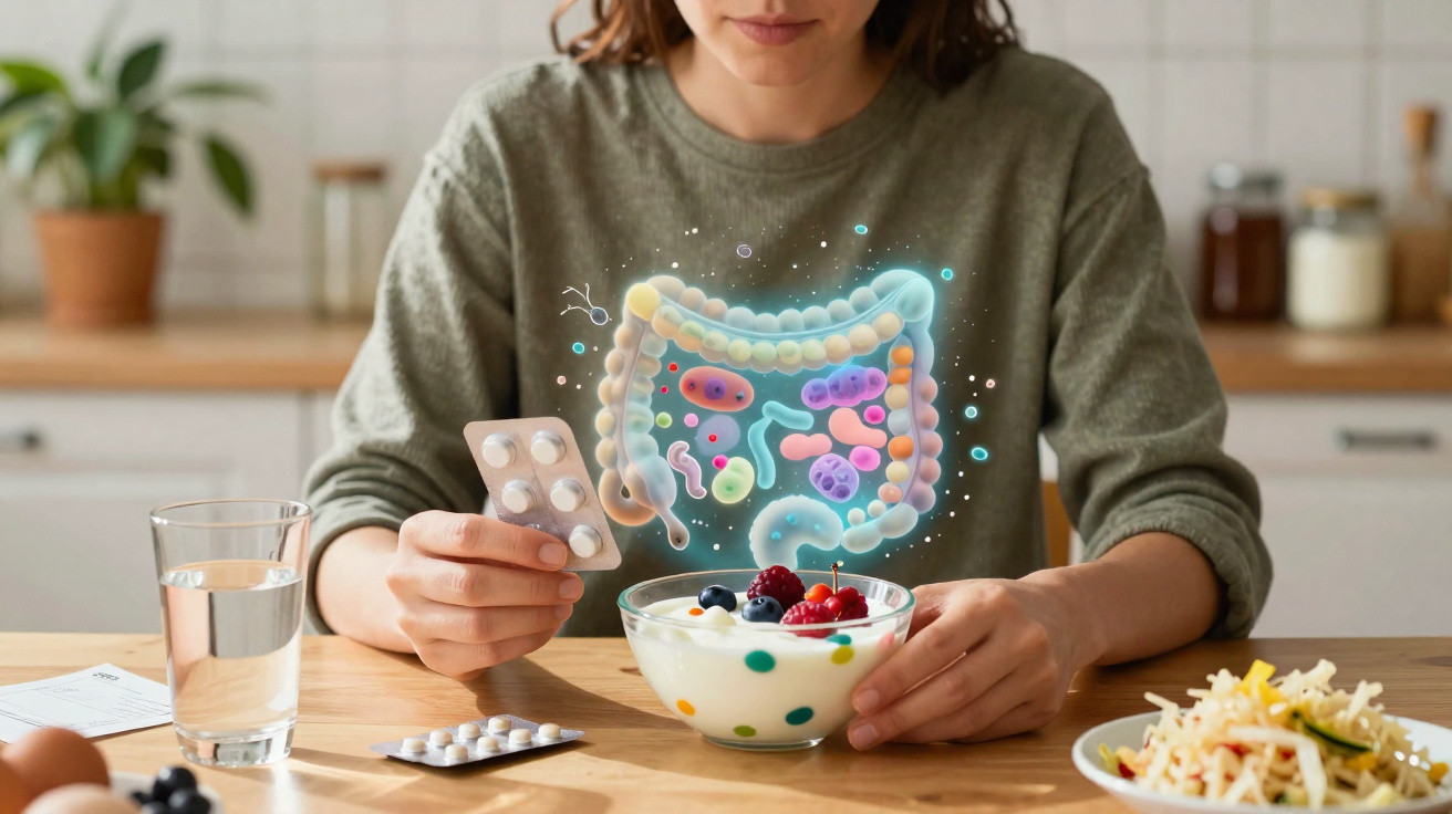 Mulher a tomar suplemento com iogurte e frutas, ilustrando o sistema digestivo e microbioma intestinal.
