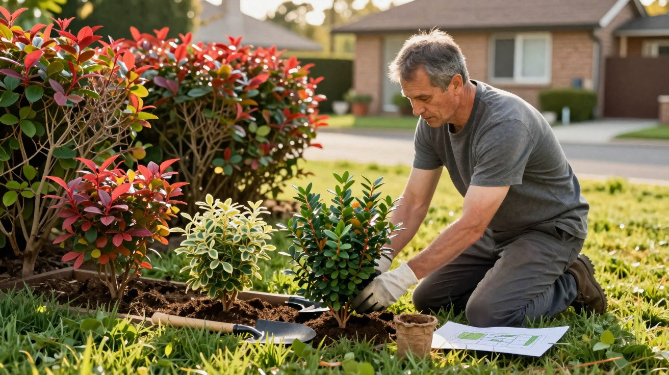 Homem a plantar arbusto num jardim com luvas, ao lado de outras plantas e ferramentas de jardinagem.