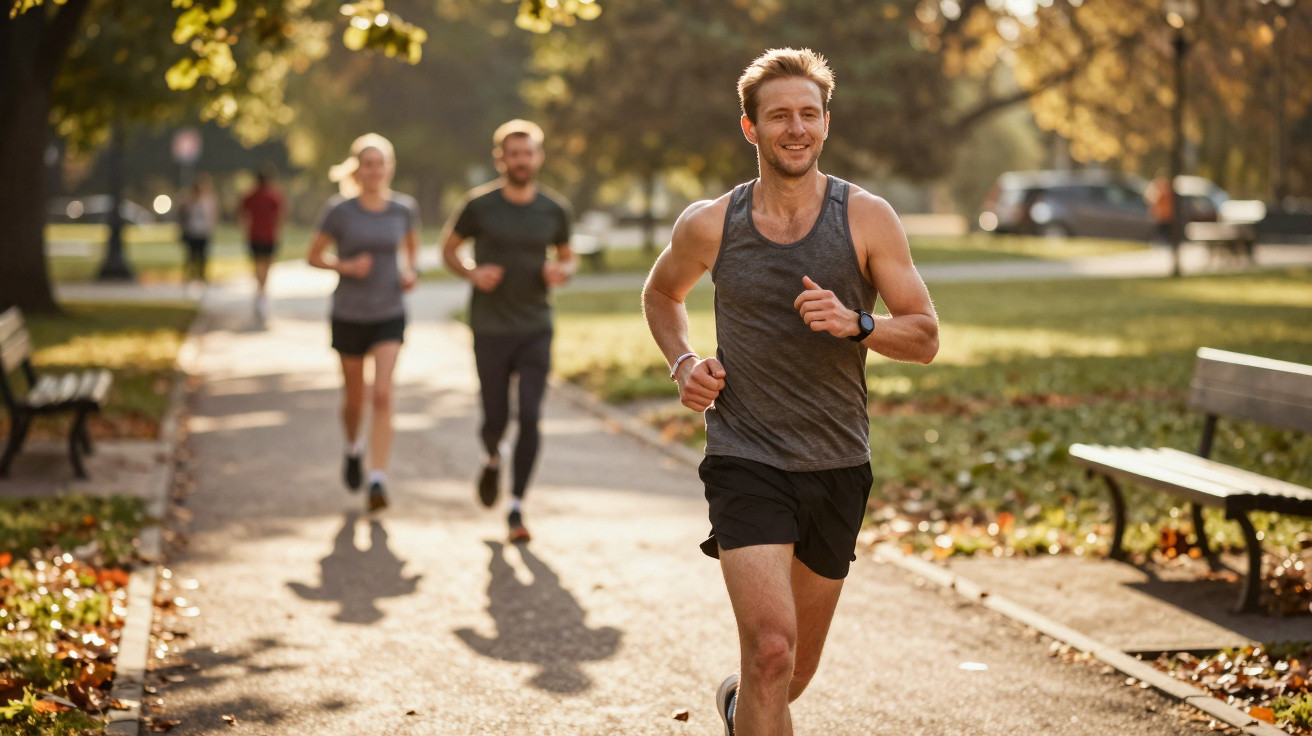 Homem a correr num parque ensolarado com outras duas pessoas a correr ao fundo.