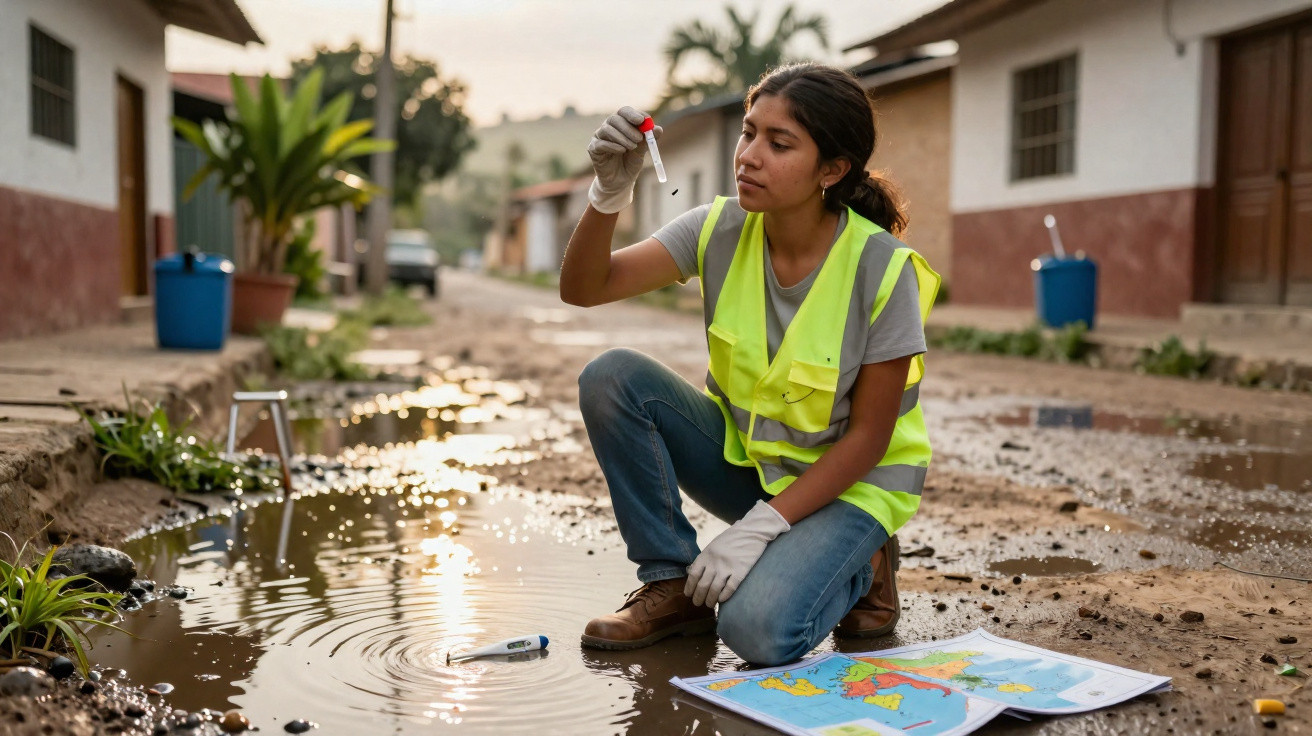Mulher com colete refletor coleta amostra de água estagnada numa rua em zona residencial.