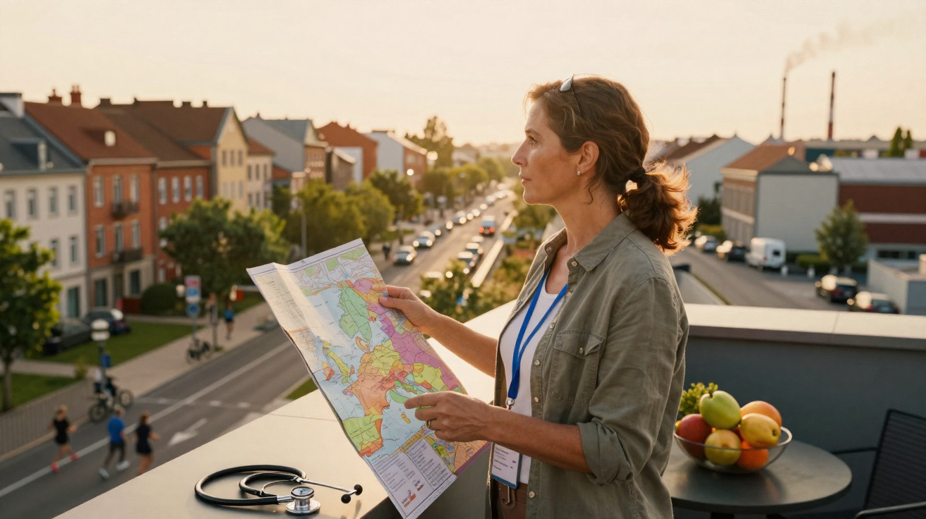 Mulher com crachá segura mapa Europa na varanda ao pôr do sol, com estetoscópio e frutas numa mesa próxima.