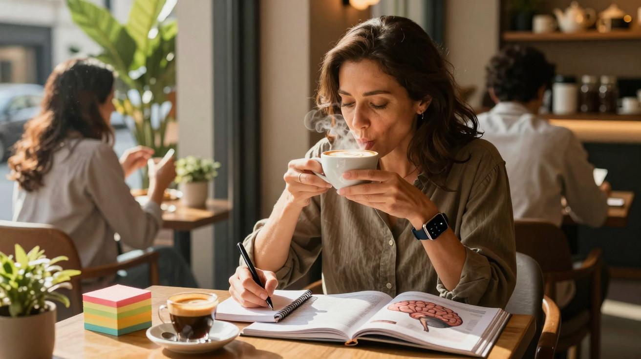 Mulher a beber café quente enquanto estuda um livro aberto sobre o cérebro numa cafetaria.