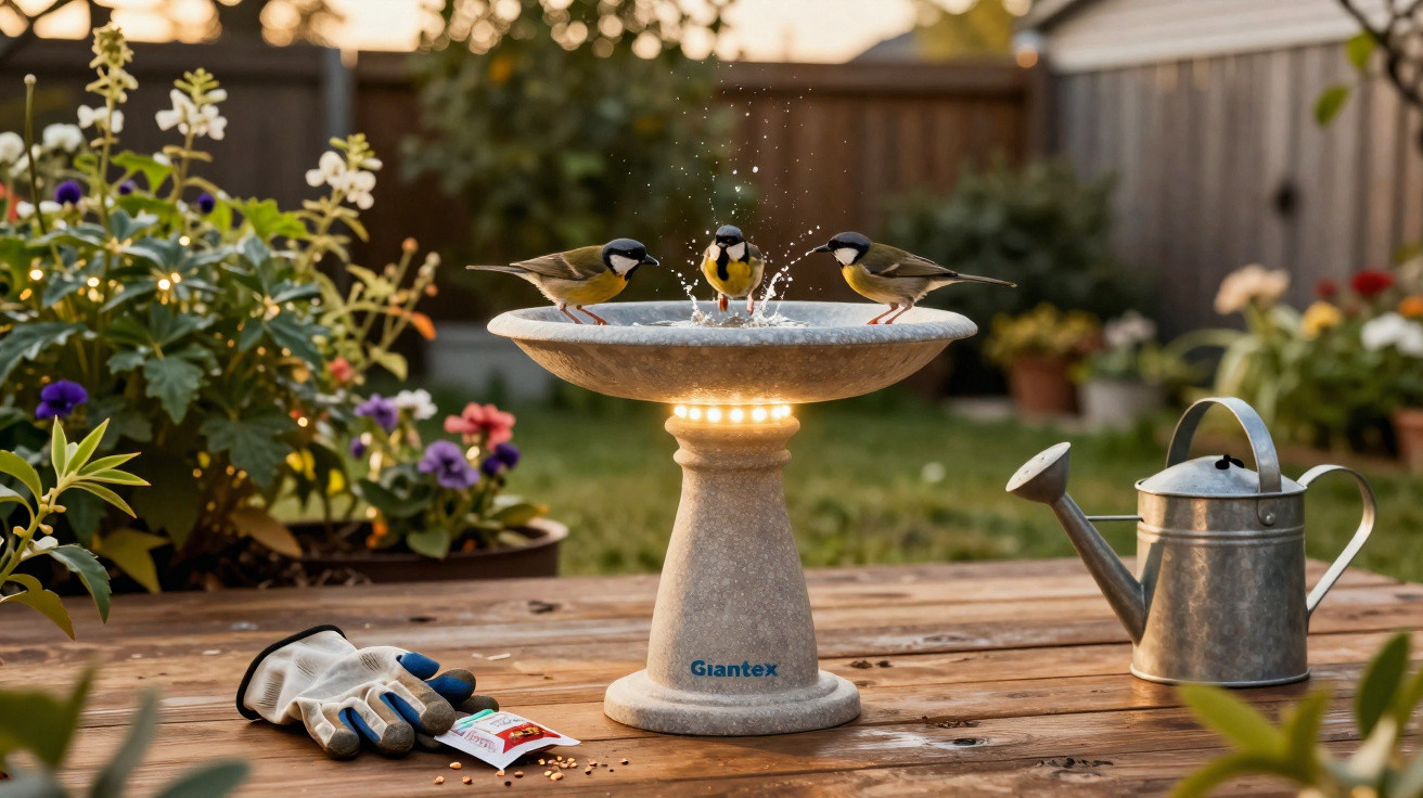 Três pássaros bebem num bebedouro de jardim iluminado ao entardecer, com regador e luvas na mesa.