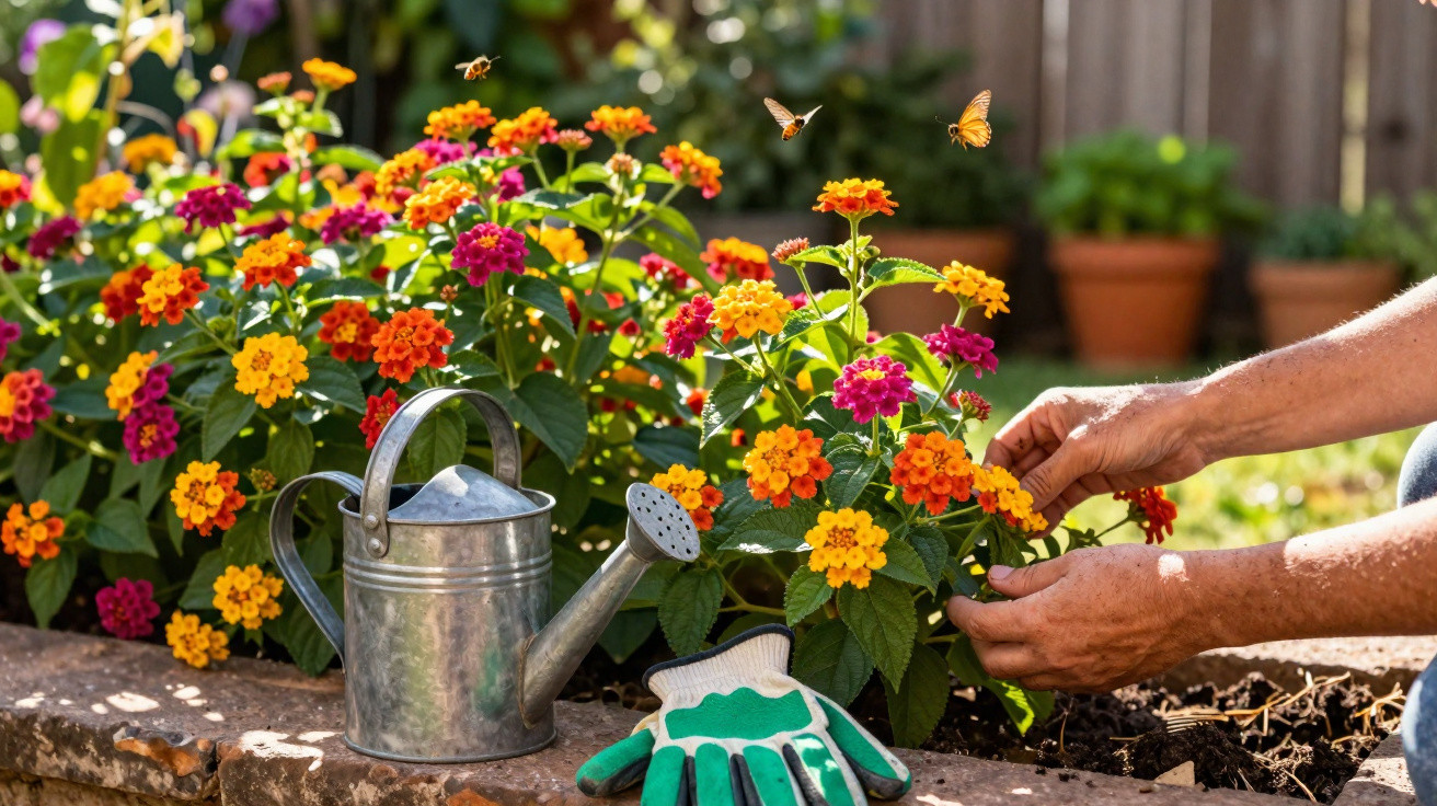 Mãos a cuidar de flores coloridas num jardim com regador e luvas de jardinagem ao lado.
