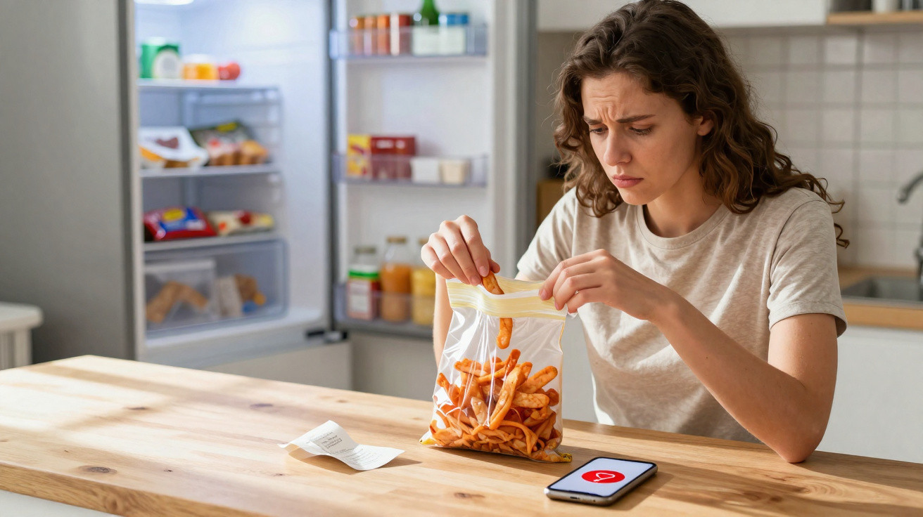 Mulher preocupada a abrir saco de snacks sentada à mesa com smartphone e frigorífico aberto ao fundo.