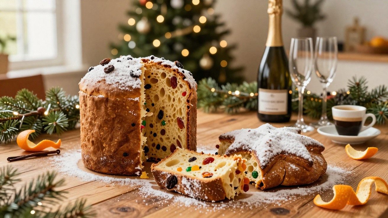 Panetone tradicional e estrela de Natal decorada com açúcar em pó, garrafa de champanhe, copos e pinhas na mesa de madeira.