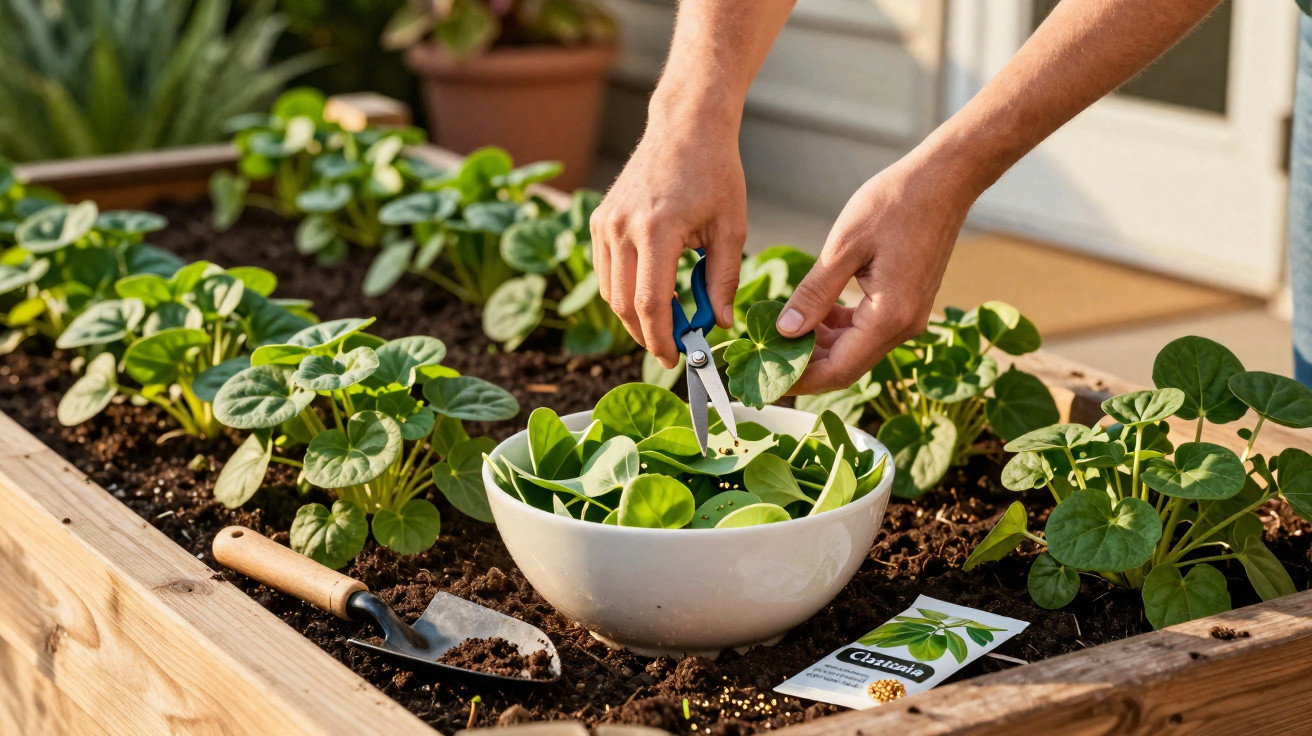 Mãos a colher folhas verdes frescas de alfavaca numa horta elevada junto a uma pá de jardim.