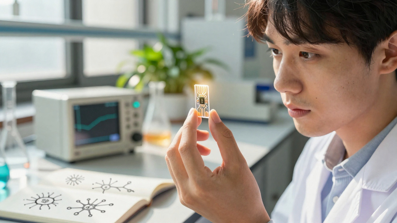 Homem em laboratório a analisar cuidadosamente chip electrónico com equipamento e desenhos científicos ao fundo.